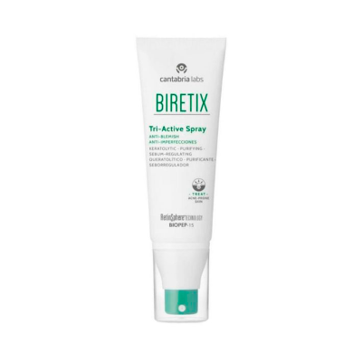 Embalagem branca e verde de spray BIRETIX Tri-Active
