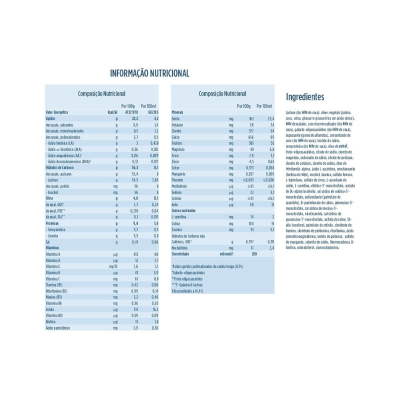 Tabela de composição nutricional e lista de ingredientes em português.
