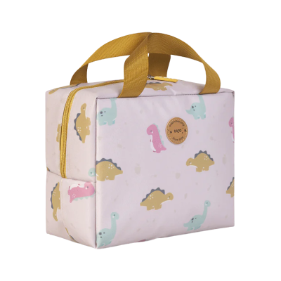 Necessaire com padrão de dinossauros e alças amarelas
