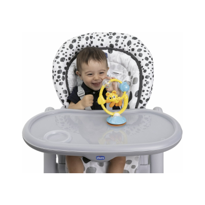 Cadeira de bebé Chicco com bandeja cinzenta e brinquedo amarelo com leão