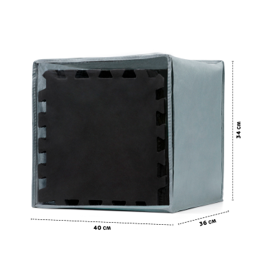 Cubículo de armazenamento de tecido cinzento com base preta e dimensões indicadas