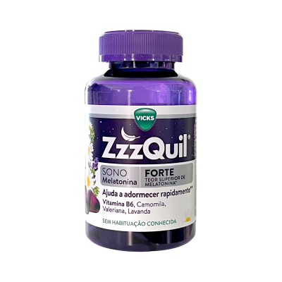 Frasco roxo de suplemento ZzzQuil com etiqueta branca e texto em português