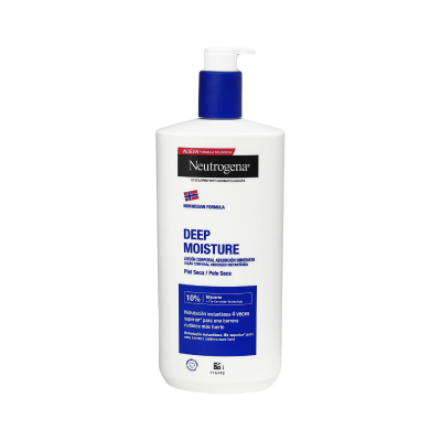 Frasco branco de plástico com bomba azul do creme corporal Neutrogena Deep Moisture