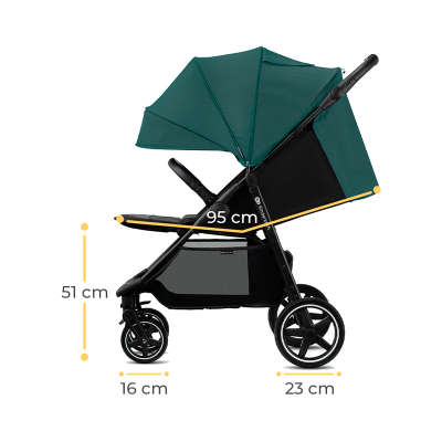 Carrinho de bebé preto e verde com medidas indicadas