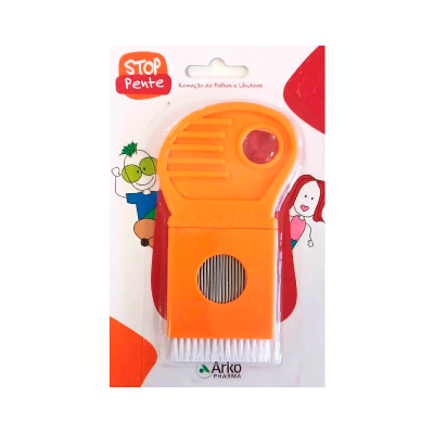 Pente laranja para remoção de piolhos em embalagem com ilustrações e texto