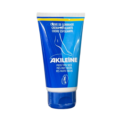 Frasco azul de creme esfoliante Akileïne para pés secos