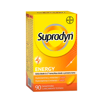 Caixa amarela e laranja de Supradyn Energy com 90 comprimidos.