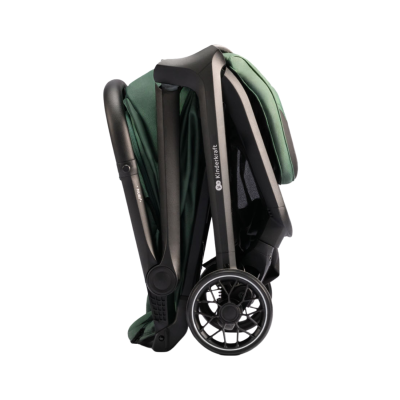 Carrinho de bebé dobrado em preto e verde com roda preta