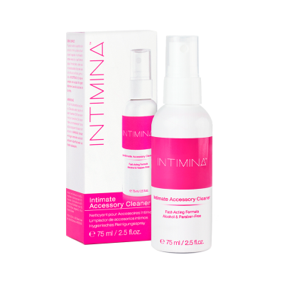 Spray Intimina Intimate Accessory Cleaner branco e rosa com embalagem