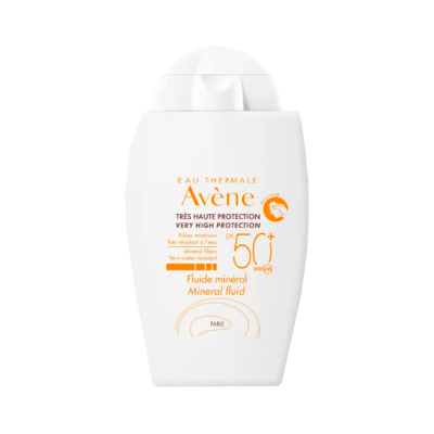 Frasco branco de fluido mineral protetor solar Avène SPF 50+