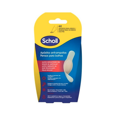 Embalagem de pensos para bolhas Scholl azul e amarelo