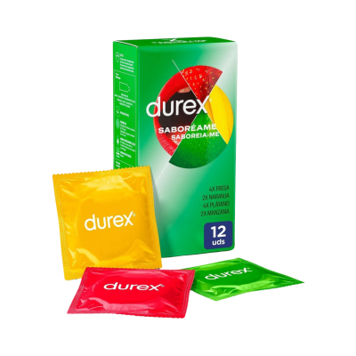 Caixa verde de preservativos Durex saboréame com preservativos amarelo, vermelho e verde.