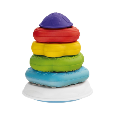 Brinquedo infantil torre de anéis coloridos empilhados sobre base branca