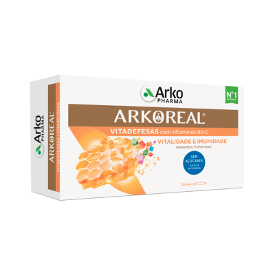 Caixa de suplemento ArkoReal Vitadefesas com vitaminas B e C e imagem de favo de mel