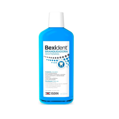 Frasco azul de colutório Bexident Branqueadora Whitening ISDIN 500 ml