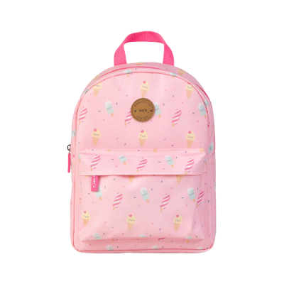 Mochila rosa com padrão de gelados sorridentes e bolso frontal