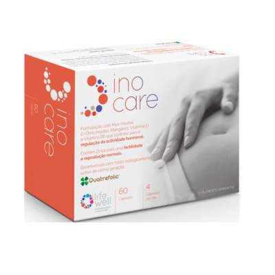 Embalagem de suplemento alimentar InoCare com texto e imagem de mãos no ventre