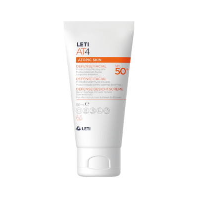 Creme facial LETI AT4 Atopic Skin SPF 50+ em embalagem branca de 50 ml