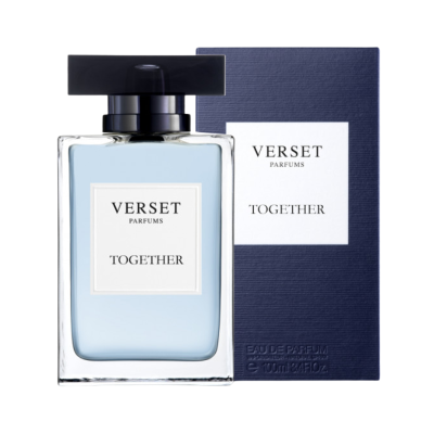 Perfume Verset Parfums Together em frasco de vidro com líquido azul claro e caixa azul