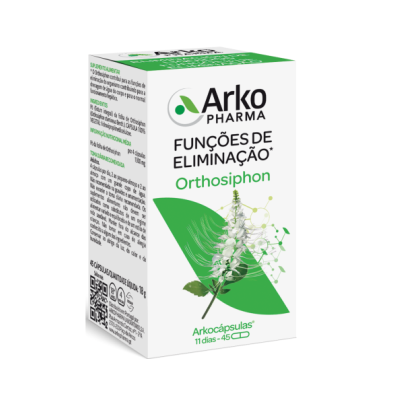 Embalagem de cápsulas Arkopharma Orthosiphon branca e verde com imagem de planta e texto distintivo