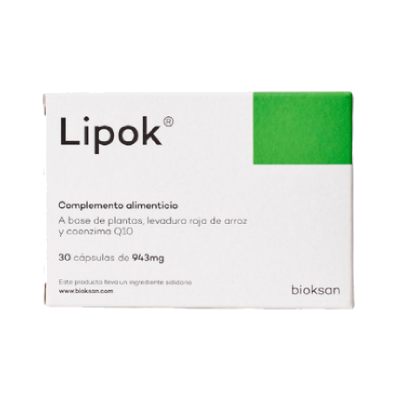 Caixa do suplemento Lipok com texto em espanhol e design branco com verde