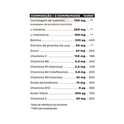 Tabela de composição nutricional de suplemento alimentar com várias vitaminas e minerais listados