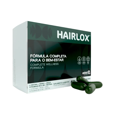 Suplemento alimentar Hairlox com embalagem verde e branca e cápsulas verdes