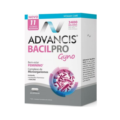 Embalagem do suplemento Advancis BacilPro Gyno para bem-estar feminino