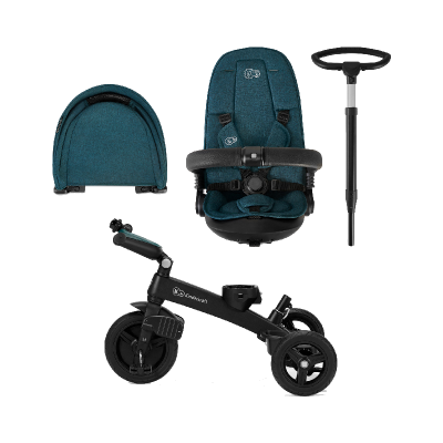 Conjunto de triciclo desmontado azul e preto com rodas e acessórios separados