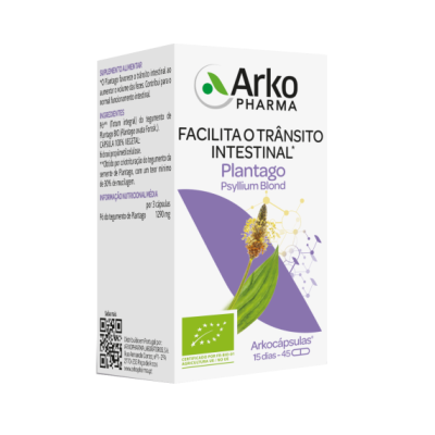 Embalagem branca do suplemento Plantago Arko Pharma com detalhes lilás e selo biológico verde