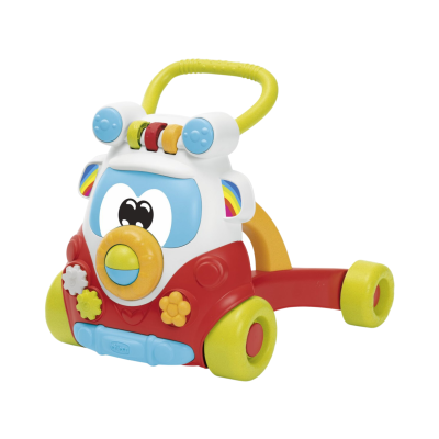 Carrinho de empurrar infantil colorido com rodas amarelas