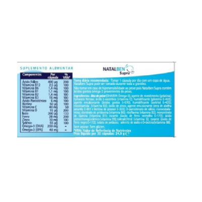 Etiqueta do suplemento alimentar NatalBen Supra com componentes e instruções