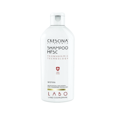 Frasco branco de shampoo Crescina HFSC para mulheres com texto em preto e vermelho