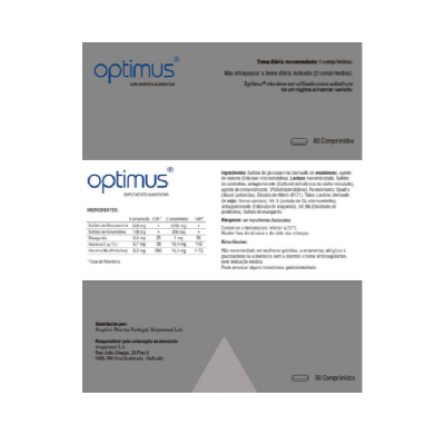 Embalagem do suplemento alimentar Optimus com 60 comprimidos e informações detalhadas em português.