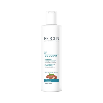 Frasco branco de champô BIOCLIN BIO-SQUAM para caspa seca com óleo de noz brasileira