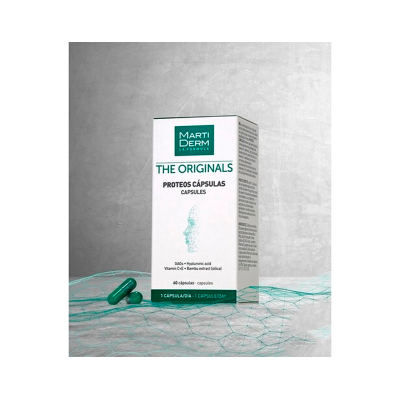 Caixa branca com cápsulas verdes do suplemento Marti Derm