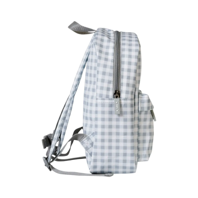 Mochila cinza e branca xadrez vista lateral