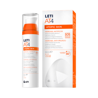 Embalagem e frasco do gel hidrogel LETI AT4 para pele atópica, branco e laranja