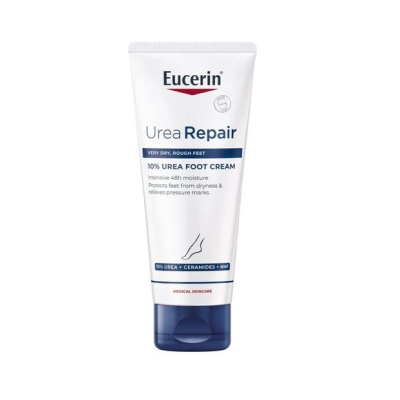 Tubo de creme para os pés Eucerin Urea Repair branco com tampa azul