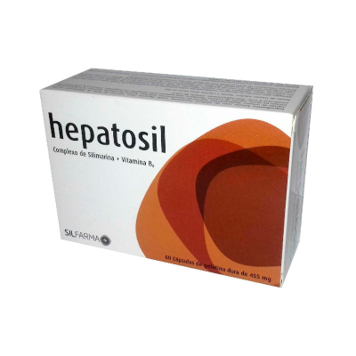 Caixa branca de medicamento Hepatosil com formas laranja