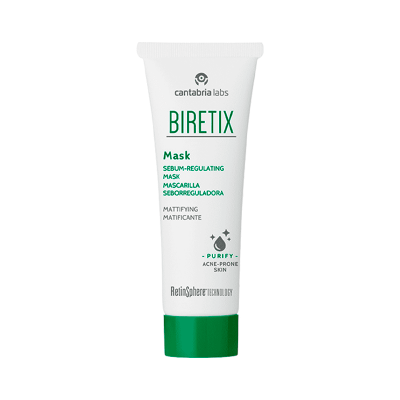 Tubo branco com tampa verde de máscara facial BIRETIX da Cantabria Labs