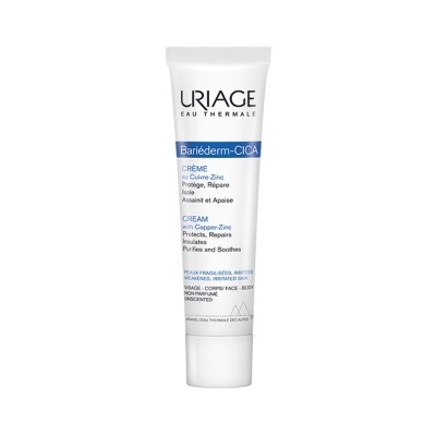 Tubo branco de creme URIAGE Bariéderm-CICA para pele fragilizada e irritada