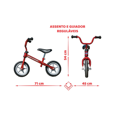 Bicicleta de treino infantil vermelha com assento e guiador ajustáveis