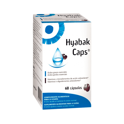 Caixa de suplemento alimentar Hyabak Caps com 60 cápsulas, em azul e branco