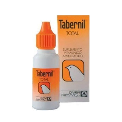 Frasco e embalagem do suplemento vitamínico Tabernil Total com imagem de uma ave