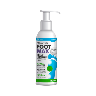 Frasco branco com doseador de creme hidratante para pés Advancis Foot Max com texto e ilustração de pé azul.