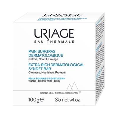 Embalagem branca de sabonete dermatológico Uriage extra-rico para pele sensível.