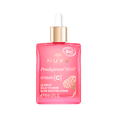 Frasco de sérum NUXE Prodigieuse BOOST Vitamin C cor-de-rosa com conta-gotas