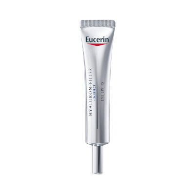 Frasco de tubo prateado Eucerin Hyaluron-Filler Eyes FPS 15 para olhos