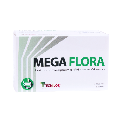 Caixa branca do suplemento alimentar MEGA FLORA da TECNILOR com texto verde e preto
